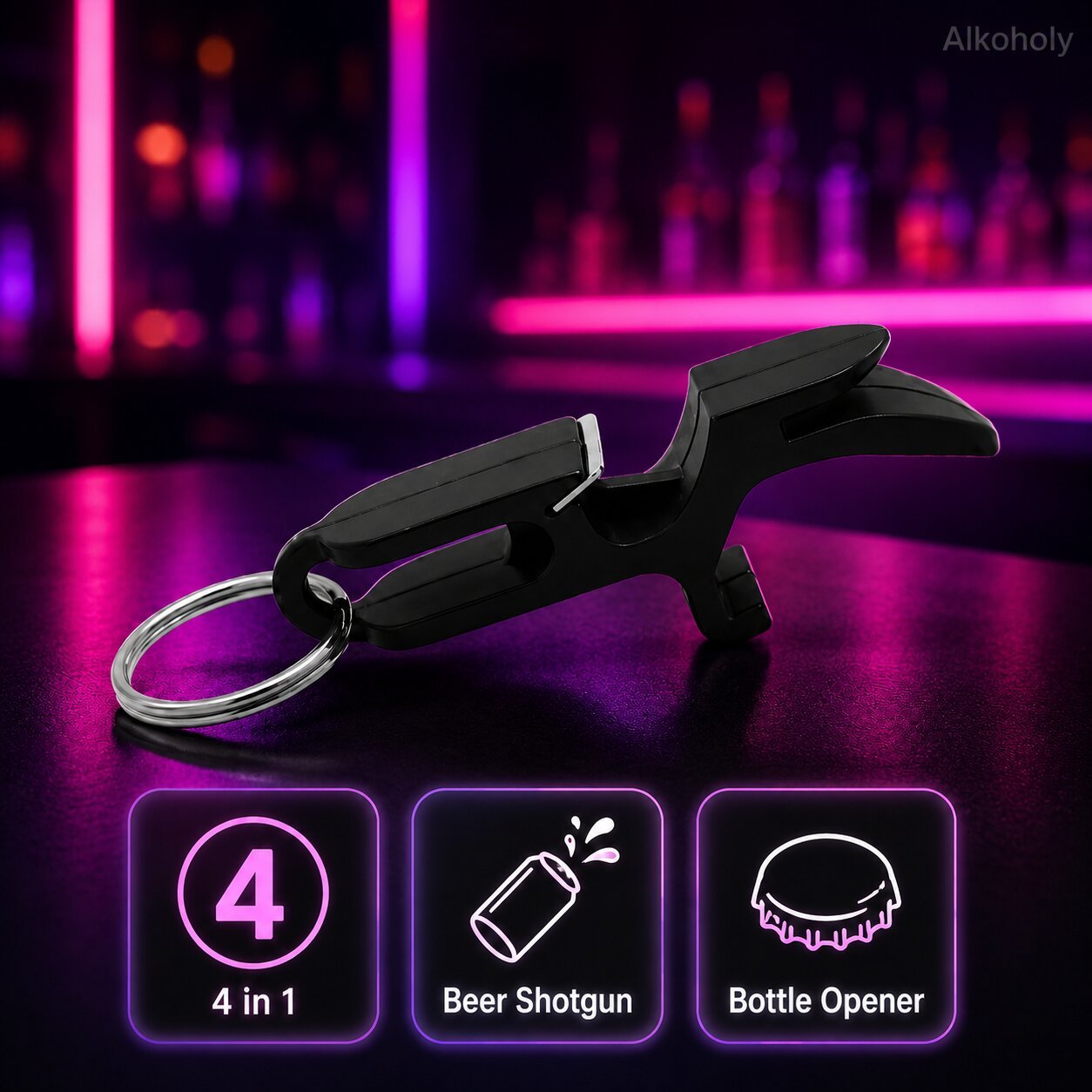 4in1 Shotgun Tool - beer piercer, bottle opener, can opener, key ring in one