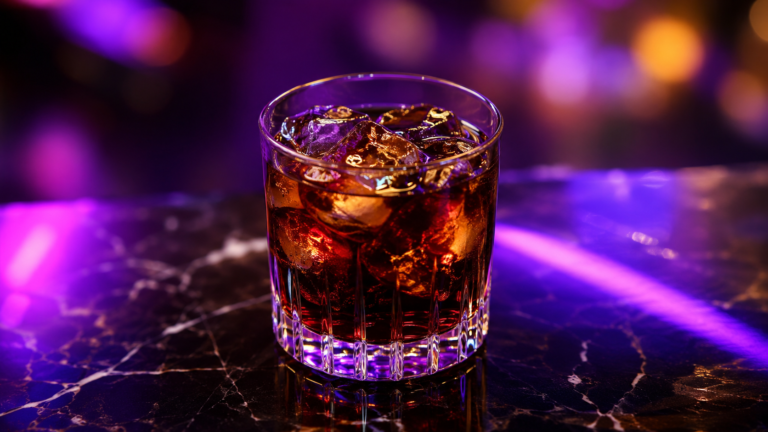 Black Russian vor extrem unscharfem Neonhintergrund in der Farbe des Drinks