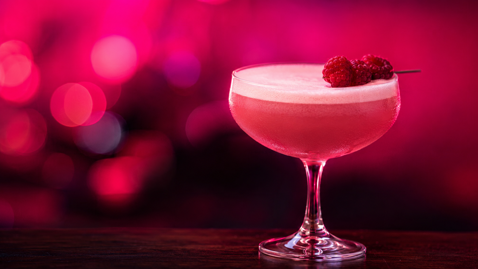 Clover Club vor extrem unscharfem Neonhintergrund in der Farbe des Drinks