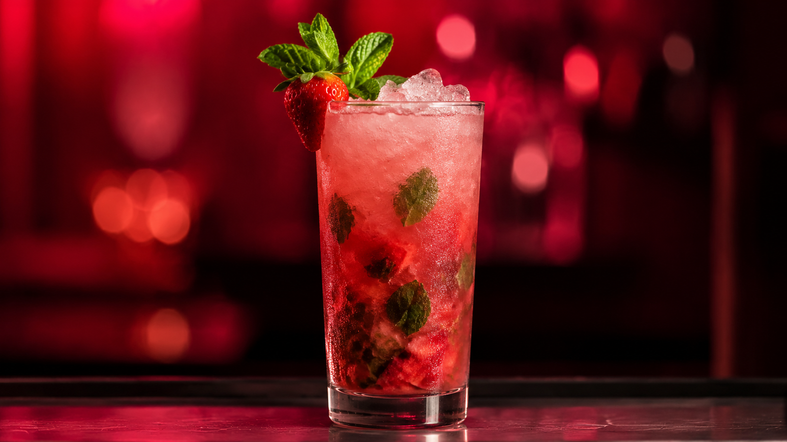 Erdbeer Mojito vor extrem unscharfem Neonhintergrund in der Farbe des Drinks