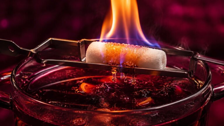 Feuerzangenbowle mit brennendem Zuckerhut vor rubinrotem Neonlicht