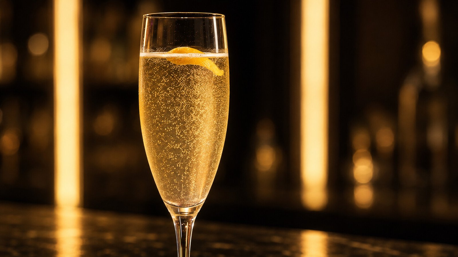 French 75 im Glas vor farbigem Neonlicht