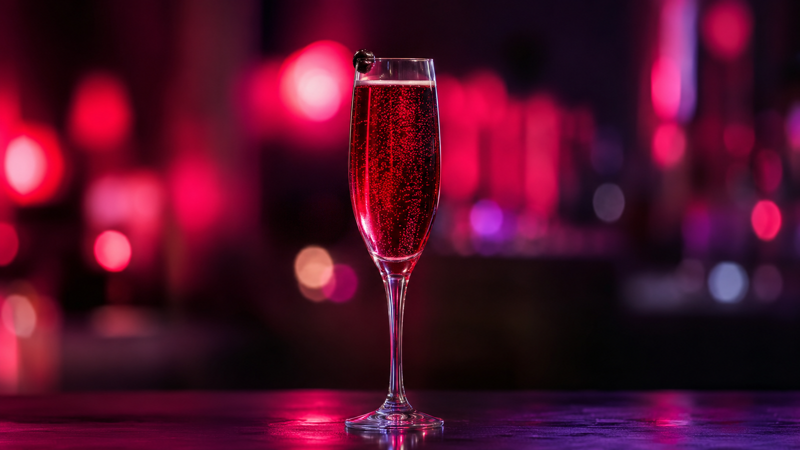 Kir Royal vor extrem unscharfem rubinrotem Neonhintergrund