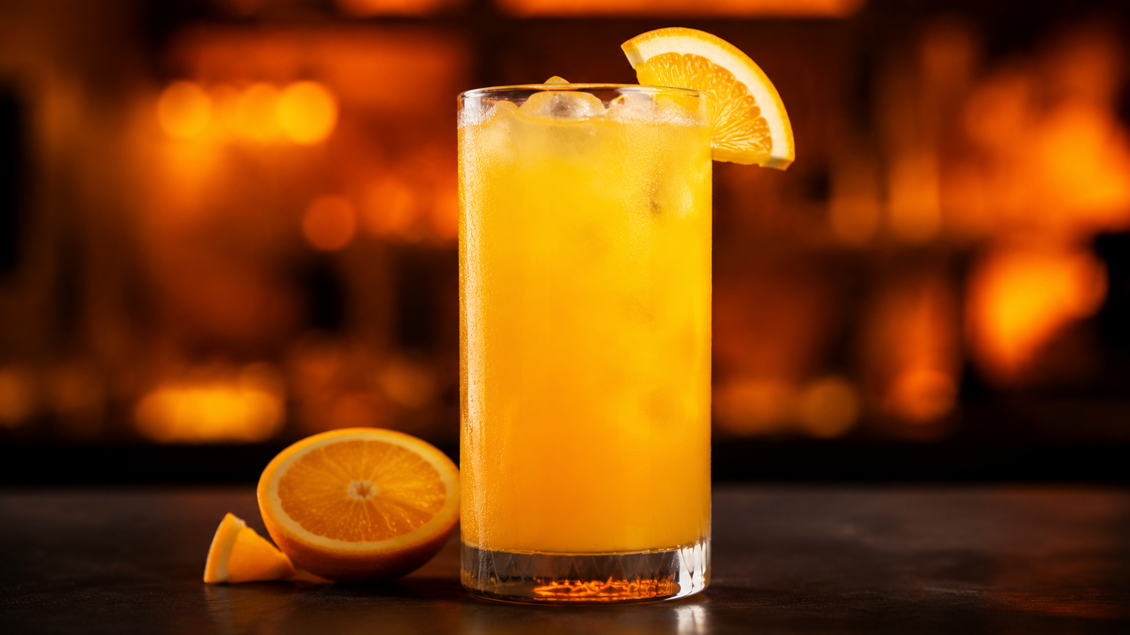 Malibu Orange vor extrem unscharfem Neonhintergrund in der Farbe des Drinks