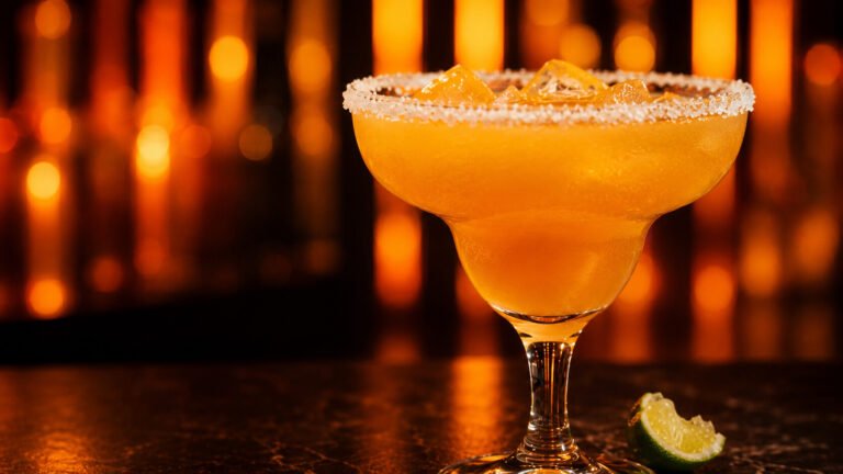 Mango Margarita vor passendem mango-orangefarbenem Neonlicht im Alkoholy-Stil