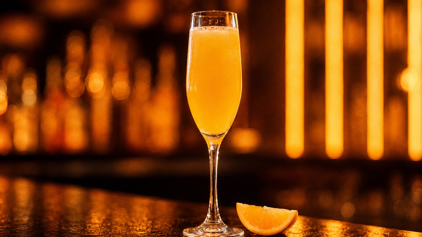 Mimosa – Alkoholy Neon Mimosa vor passendem orange-goldenem Neonlicht im Alkoholy-Stil