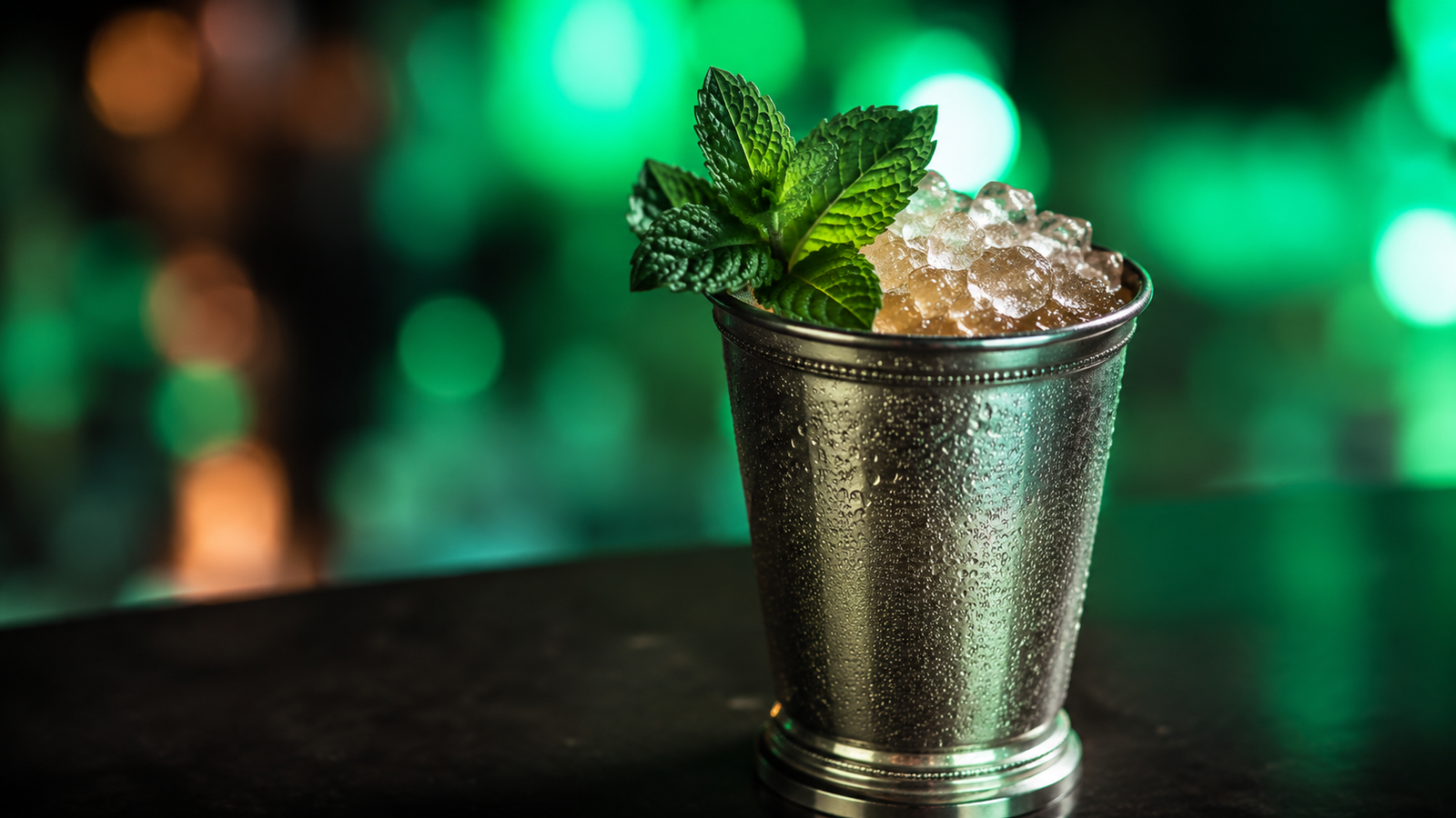 Mint Julep vor extrem unscharfem Neonhintergrund in der Farbe des Drinks