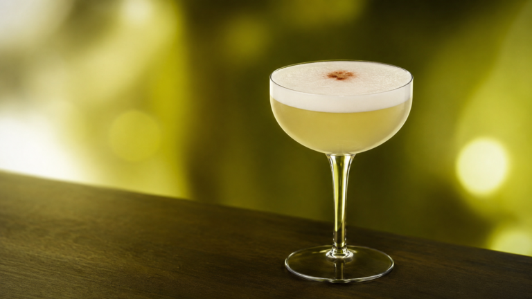 Pisco Sour vor extrem unscharfem Neonhintergrund in der Farbe des Drinks