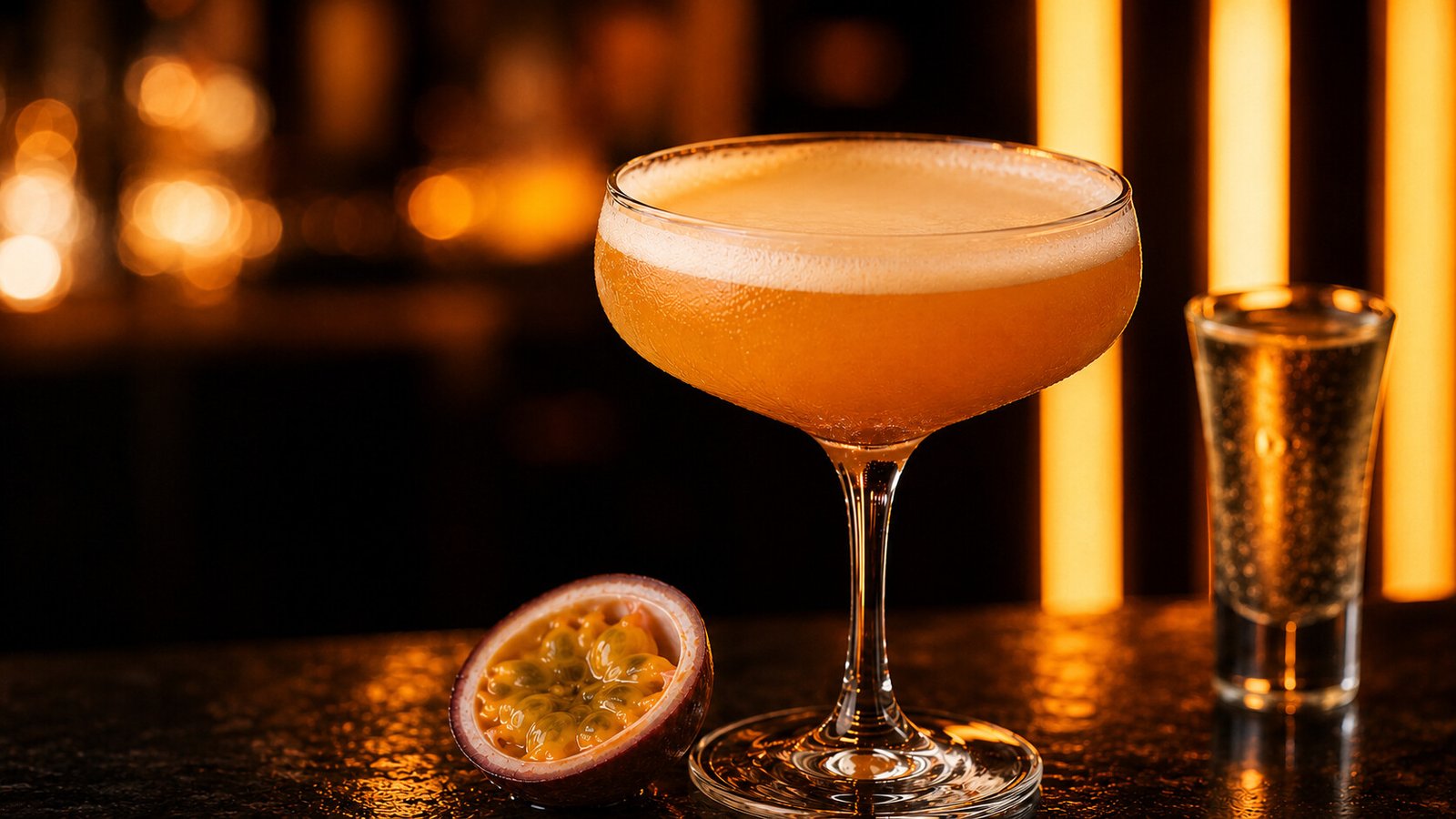 Pornstar Martini im Glas vor farbigem Neonlicht