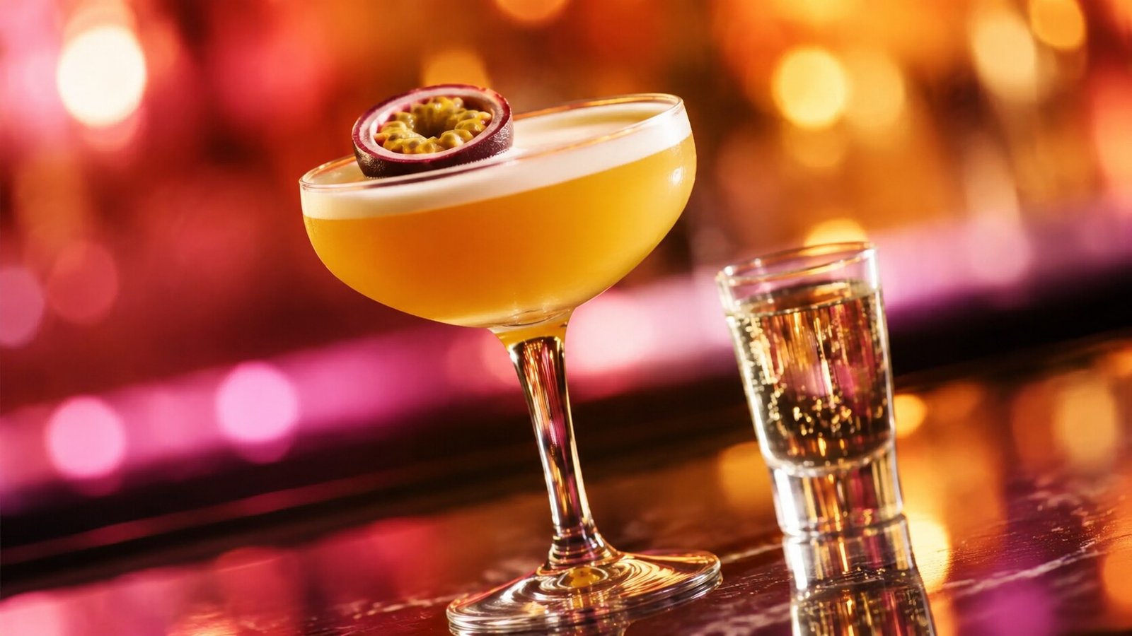 Pornstar Martini vor stark verschwommenem goldenem und pinkem Licht