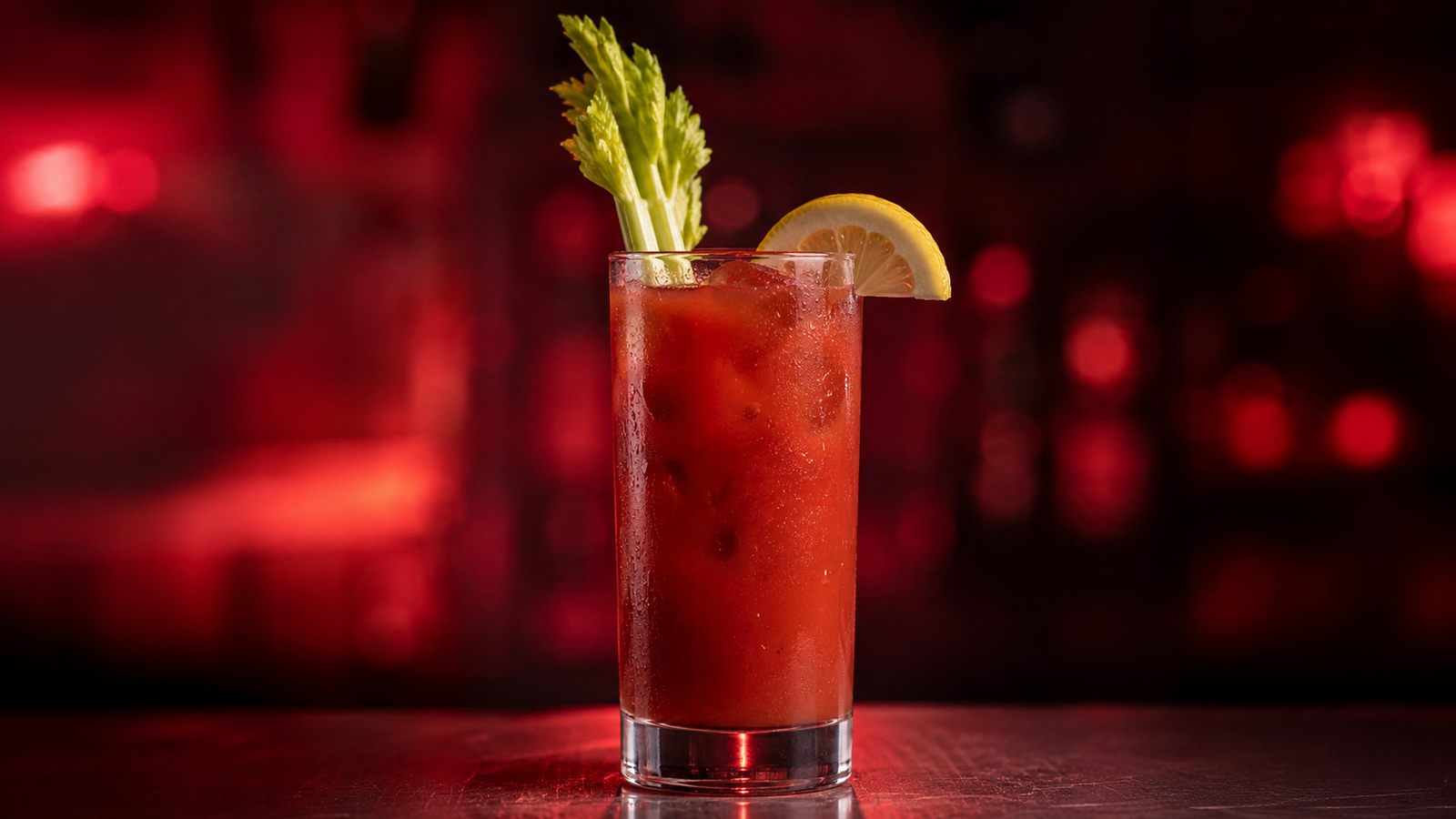 Virgin Mary vor extrem unscharfem Neonhintergrund in der Farbe des Drinks