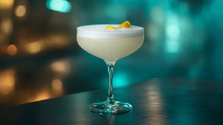 Vodka Sour vor extrem unscharfem Neonhintergrund in der Farbe des Drinks