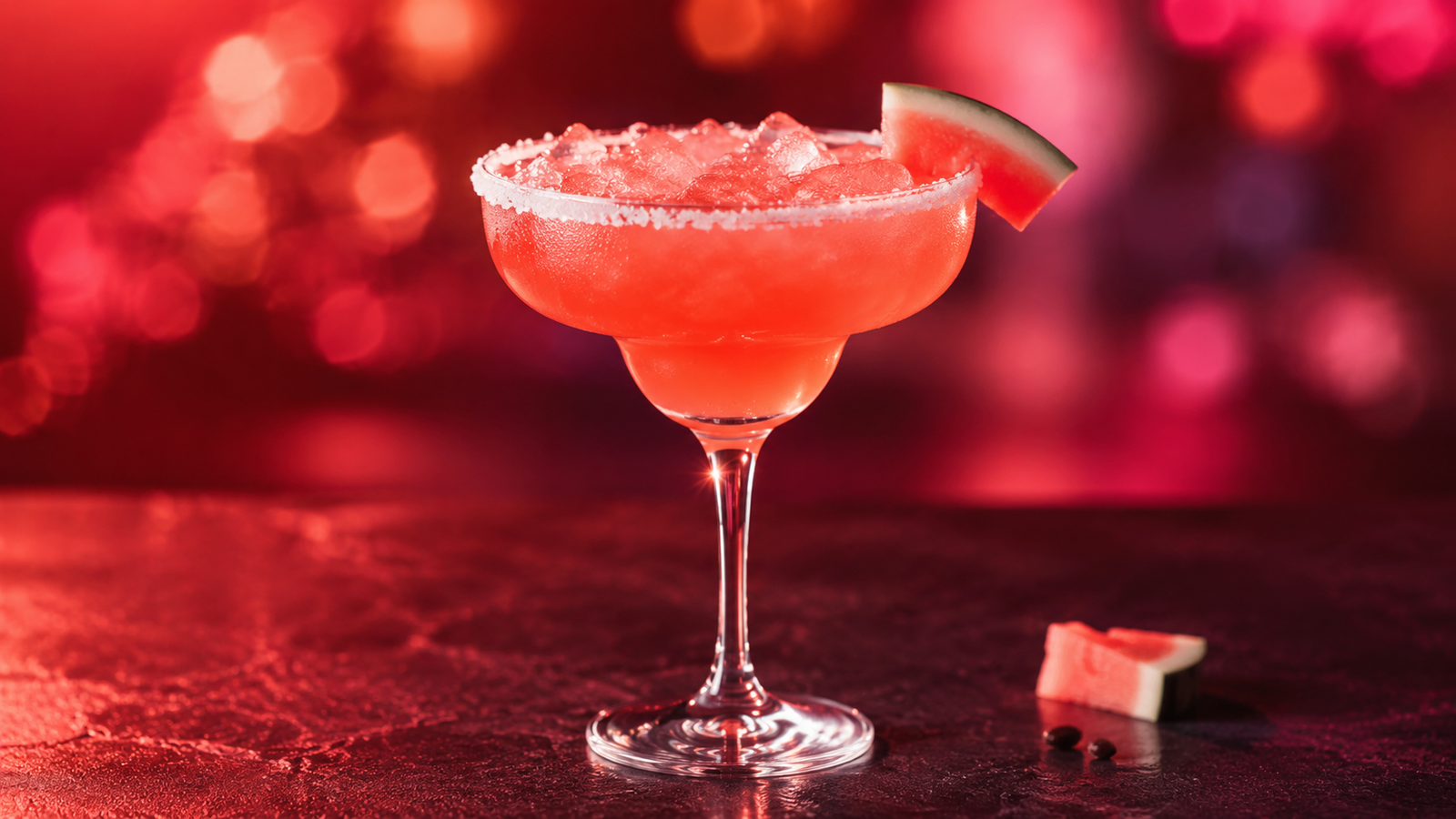 Wassermelonen Margarita vor extrem unscharfem Neonhintergrund in der Farbe des Drinks